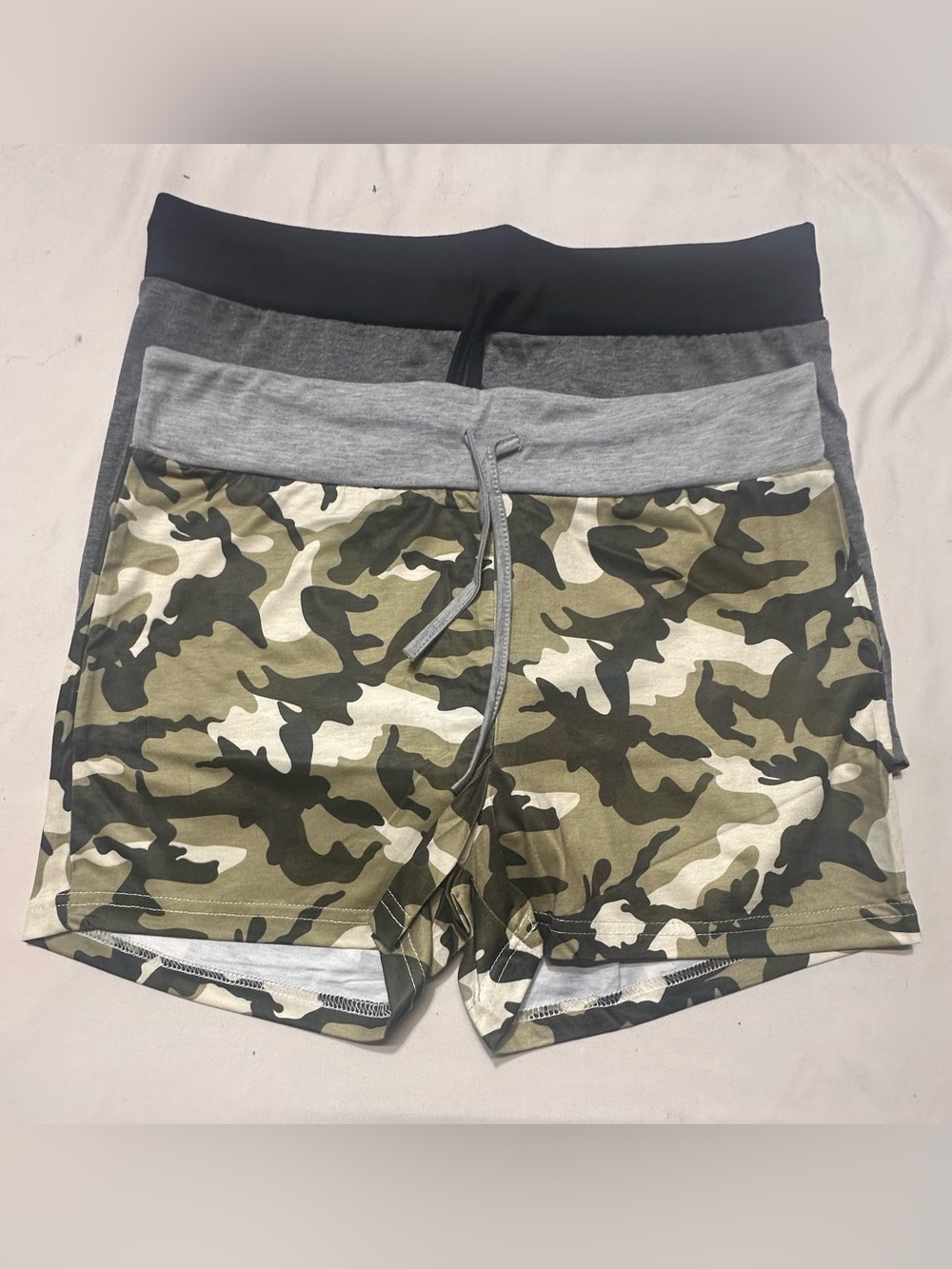 Women’s Camo and Black Drawstring Shorts - with elastic